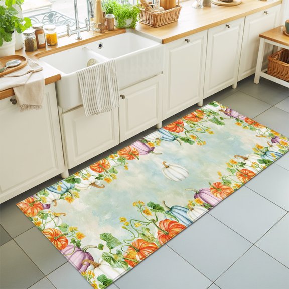 Thanksgiving Washable Runner Rugs 2'x6', Fall Orange Pumpkins Vines Leaves Shabby Chic Green Washable Runner Rug Non-Slip Sturdy Edge Binding Carpet for Bedside Hallway Runner Kitchen Galley