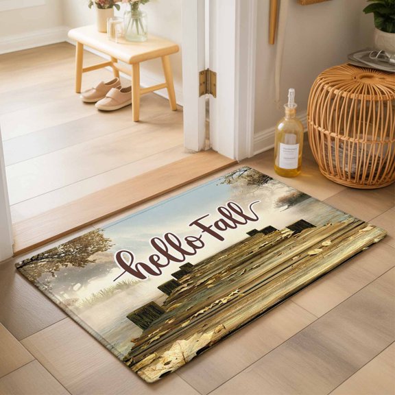 Thanksgiving Washable Small Entryway Area Rugs 2'x3', Hello Fall Vintage Wood Grain Pier Washable Throw Rug Non-Slip Sturdy Edge Binding Carpet for Front Door Floor Room Entry
