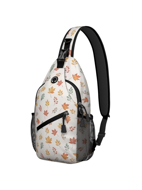 Thanksgiving Watercolor Leaf Berry Pattern Sling Backpack, Unisex Hiking Chest Pack with Side Mesh Pockets, Breathable Padded Back Gift Ideas for Holiday Birthday Gifts