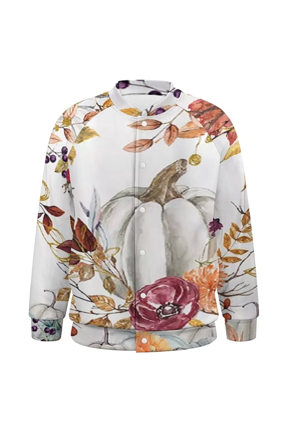 Thanksgiving Watercolor Pumpkins Baseball Jersey Fashion Ribbed Sleeve Man Women's Jacket Motion Tops XXS-6XL