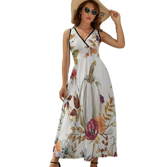 Thanksgiving Watercolor Pumpkins Dress Summer Street Style Bohemia Long Dresses Female Sleeveless Printed Maxi Dress