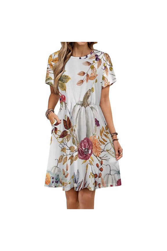 Thanksgiving Watercolor Pumpkins Short Sleeve Dress Women Summer Evening Dresses Ladies Sundress