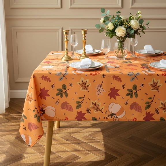 Thanksgiving Waterproof Tablecloth – Fall Harvest Pumpkins, Maple Leaves & Berries Print – Autumn Rectangle Table Cover for Dining or Party, Brown, W60 x L102 in