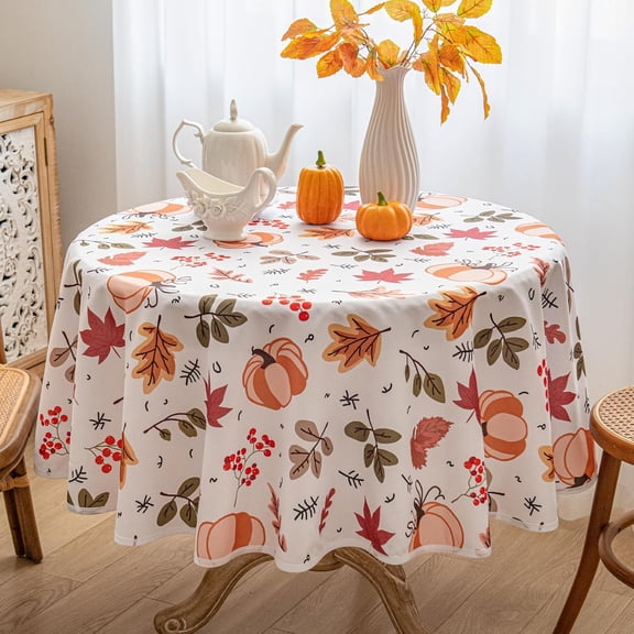 Thanksgiving Waterproof Tablecloth – Fall Harvest Pumpkins, Maple Leaves & Berries Print – Autumn Rectangle Table Cover for Dining or Party, White, 60" Round