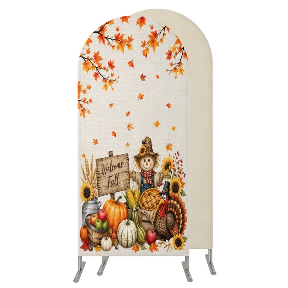 Thanksgiving Wedding Arch Cover,Stretchy Spandex Arch Backdrop Stand Covers 4 FT,Fall Harvest Pumpkins Maple Leaves Rustic Round Top Arched Backdrop Cover for Birthday Party Ceremony Baby Shower