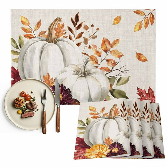 Thanksgiving White Pumpkin Placemats Set of 2 Fall Harvest Maple Leaf Heat Insulated Linen Place Mats, Washable Stain-Proof Table Mats for Dining Tables Holiday Decor 13x19inch
