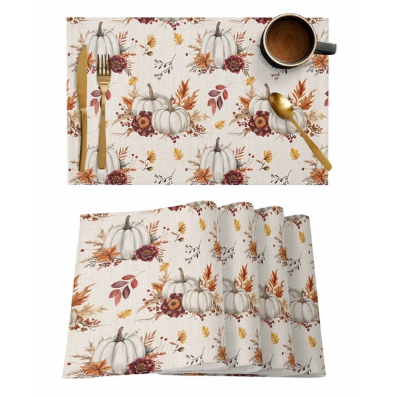 Thanksgiving White Pumpkin Placemats Set of 2 Leaves Fall Harvest Linen Texture Heat Insulation Washable Place Mats, Rustic Non-Slip Table Mats for Dining Table Party Kitchen Decor,13x19 Inch