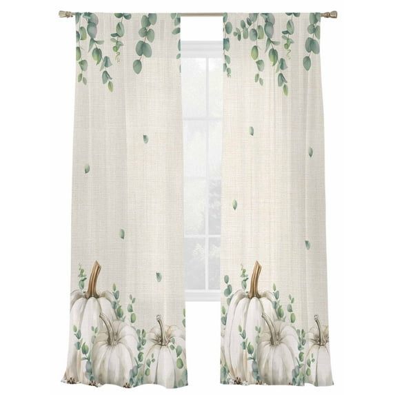 Thanksgiving White Pumpkin Sheer Curtains 108 inches Long, Autumn Eucalyptus Leaves Linen Texture Light Filtering Sheer Window Curtains Rod Pocket Voile Drapes for Bedroom Living Room, 52"Wx108"L