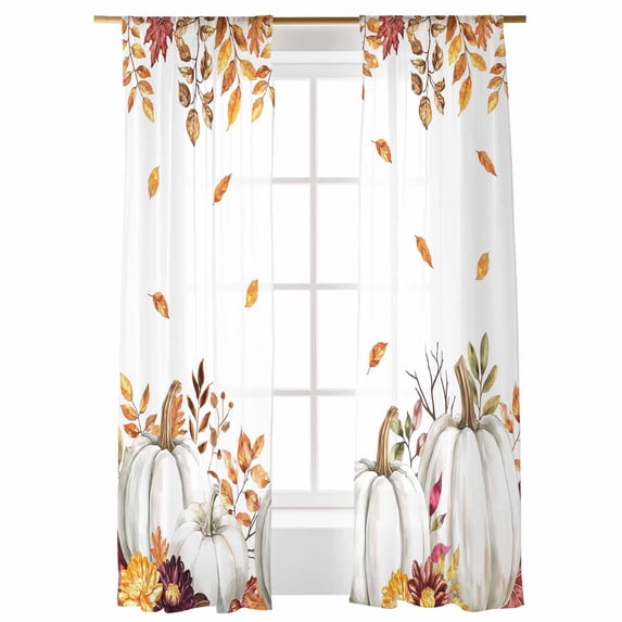 Thanksgiving White Pumpkin Sheer Curtains 84 inches Long, Fall Harvest Maple Leaf Rustic Light Filtering Sheer Window Curtains Rod Pocket Voile Drapes for Bedroom Living Room, 52"W x 84"L 2 Panels