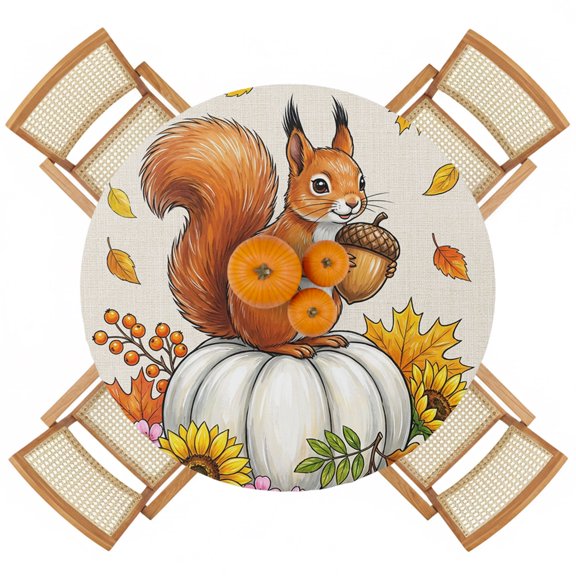 Thanksgiving White Pumpkin Squirrel Round Fitted Tablecloth with Elastic Edge,Waterproof Table Cloth Fits Tables Up to 36"-44",Wipeable Table Cover for Indoor Outdoor Dinning Party,Farm Sunflowers