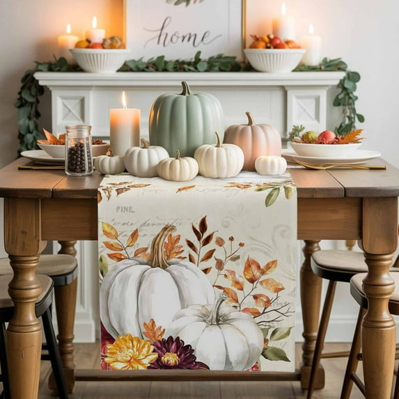 Thanksgiving White Pumpkin Table Runner, Autumn Thanksgiving Kitchen Dining Table Decoration for Home Party Decor 13x120 Inches