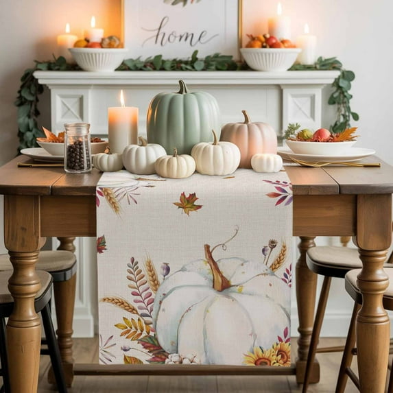 Thanksgiving White Pumpkin Table Runner, Autumn Thanksgiving Kitchen Dining Table Decoration for Home Party Decor 13x48 Inches