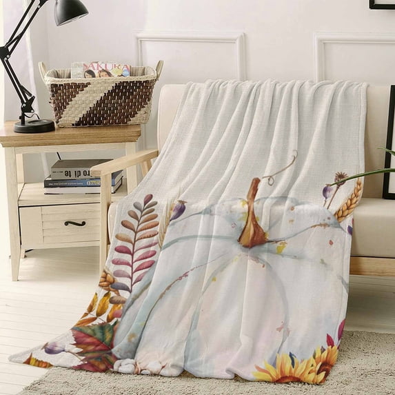 Thanksgiving White Pumpkin Throw Flannel Blanket 50x60In Fall Flower Harvest Linen Texture Super Soft Cozy Bed Blanket, Lightweight Plush Fuzzy Bed Throw for Bedroom Sofa Couch Living Room