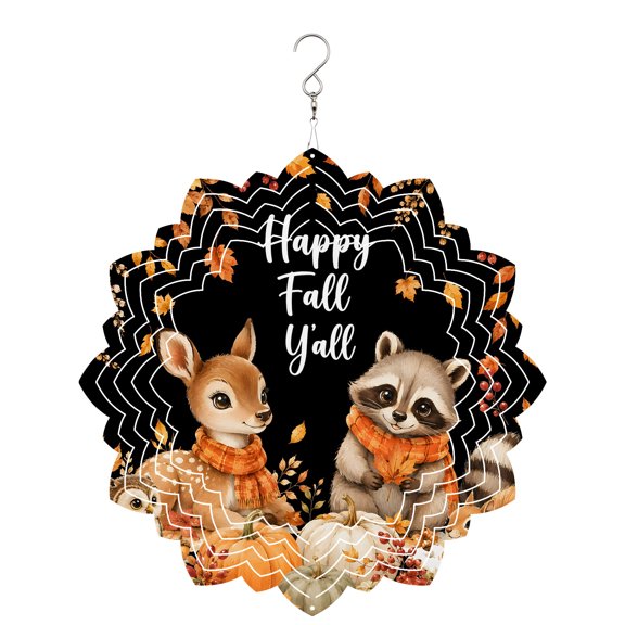 Thanksgiving Wind Spinner for Garden Yard 8In, Fall Deer Raccoon Owl Squirrel Pumpkin Cheerful Black 3D Stainless Steel Kinetic Hanging Wind Spinners Rustproof Outdoor Decor for Lawn Patio Home