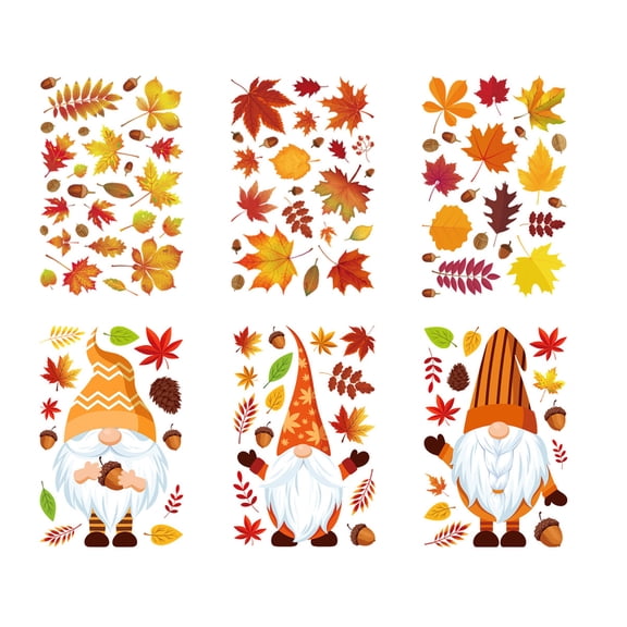 Thanksgiving Window Clings, 6 Piece Set of Maple Leaf Turkey Stickers, PVC Decals for Glass Door Decor, Orange Fall Festival Home Decoration