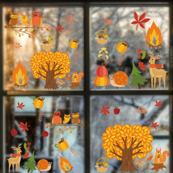 Thanksgiving Window Clings Fall Leaves Window Stickers Decorations Turkey Acorns Owl Squirrel Maple Window Cling, Value Package 6 Sheets Thanksgiving Window Clings Special