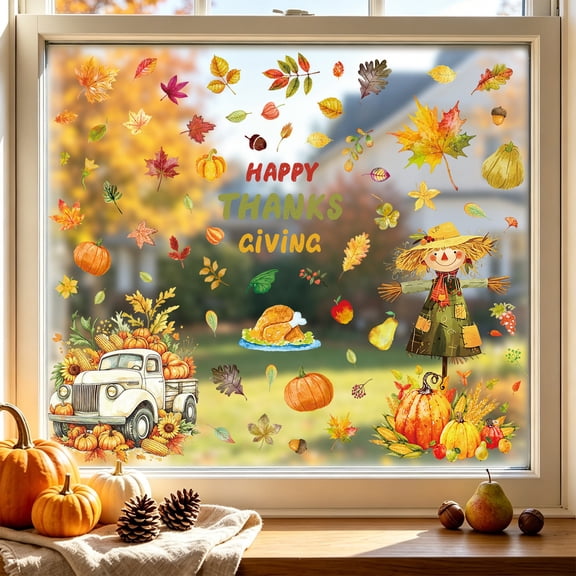 Thanksgiving Window Clings Stickers Fall Decorations, Maple Leaf Turkey Pumpkin Scarecrow Glass Decals for Home Classroom Shop, Removable Reusable Vinyl, 11.81x7.87 Inches, 4 Sheets