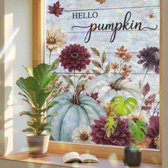 Thanksgiving Window Privacy Film, Amber Glazed Green Pumpkin Red Flower Gray Wood Grain Stained Glass Holographic Film Decorative Window Clings, Static Cling Sun Blocking Stickers 17.7" x 39.3"
