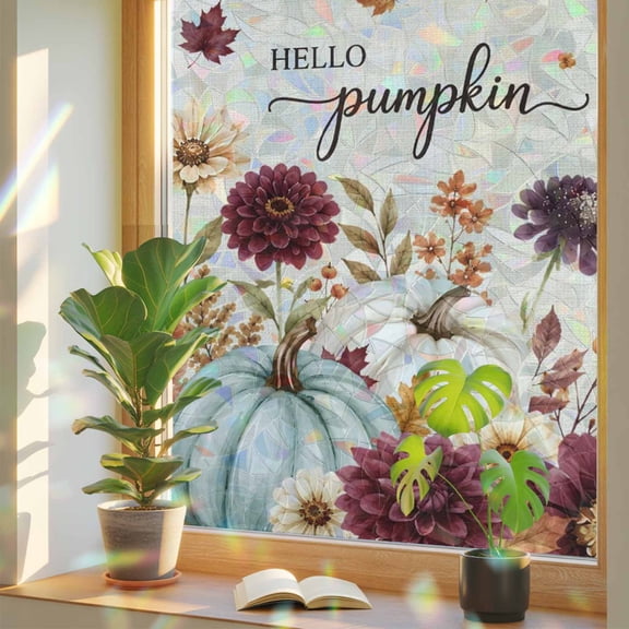 Thanksgiving Window Privacy Film, Amber Glazed Green Pumpkin Red Flower Linen Texture Stained Glass Rainbow Film Decorative Window Clings, Static Cling Sun Blocking Stickers 17.7" x 39.3"