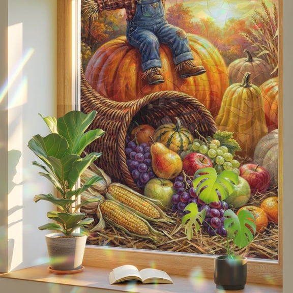 Thanksgiving Window Privacy Film, Fall Harvest Pumpkins Fruit Sunset Rural Fields Stained Glass Rainbow Film Decorative Window Clings, Static Cling Sun Blocking Stickers 17.7" x 39.3"