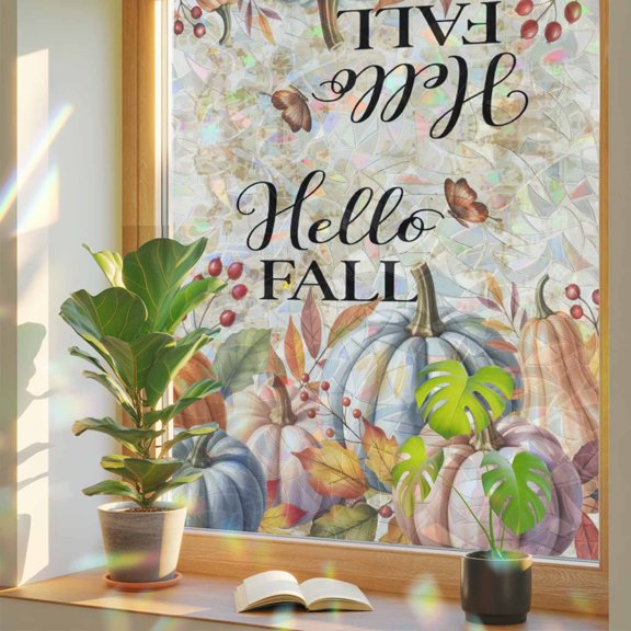 Thanksgiving Window Privacy Film, Hello Fall Watercolor Pumpkin Jam Leave Stained Glass Holographic Film Decorative Window Clings, Static Cling Sun Blocking Stickers 19.6" x 39.3"