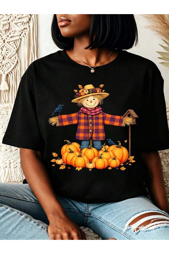 Thanksgiving Women Crew Neck T-Shirt, Autumn Harvest Scarecrow Pumpkin Patch Graphic Print Short Sleeve Casual Top, Thanksgiving Holiday & Fall Outdoor Daily Wear