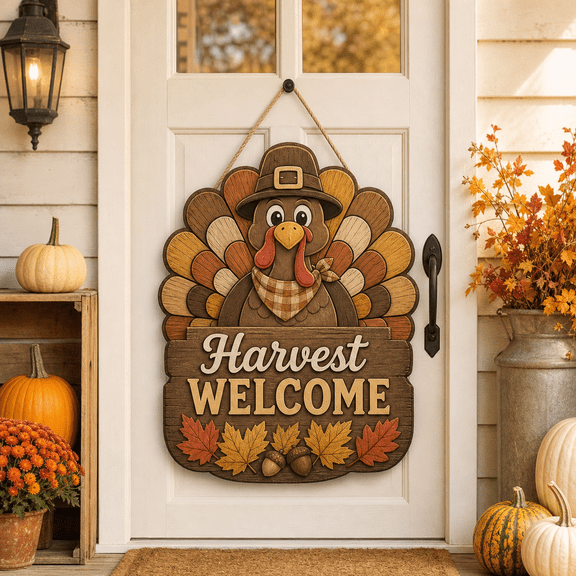 Thanksgiving Wooden Door Sign with Harvest Turkey for Rustic Front Porch