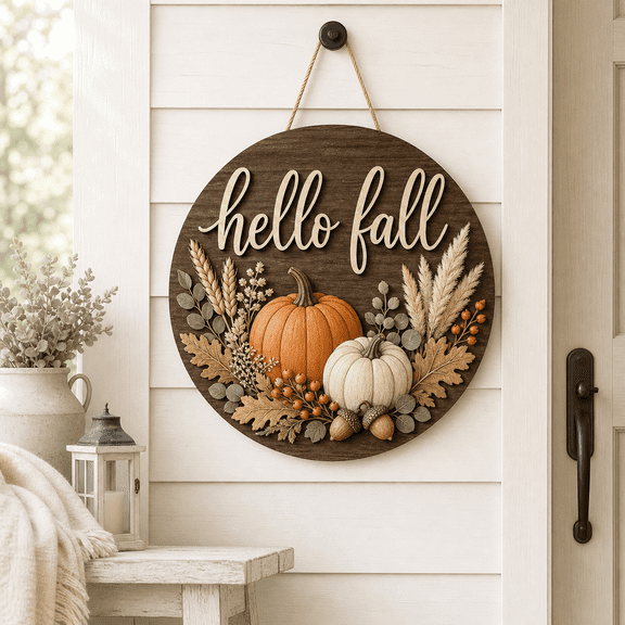 Thanksgiving Wooden Door Sign with Hello Fall Pumpkin Florals for Porch