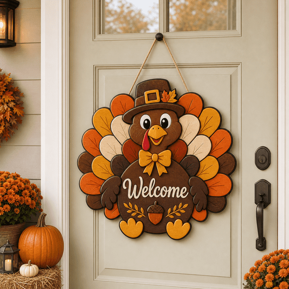 Thanksgiving Wooden Door Sign with Turkey Welcome for Rustic Fall Entryway