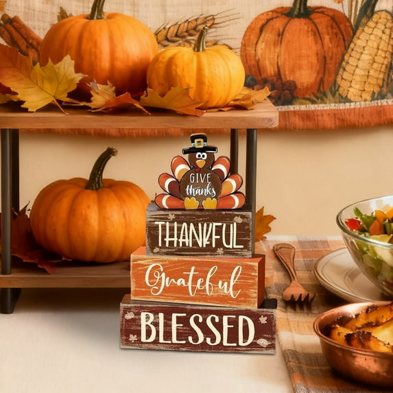 Thanksgiving Wooden Stack with Turkey Topper and Festive Motifs Farmhouse Dining Table Holiday Centerpiece for Seasonal Celebration