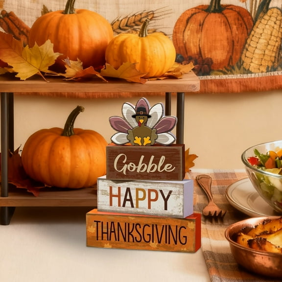 Thanksgiving Wooden Stack with Turkey Topper and Festive Motifs Farmhouse Dining Table Holiday Centerpiece for Seasonal Celebration