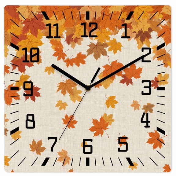 Thanksgiving Wooden Wall Clock Silent Non Ticking, Retro Orange Fall Maple Leaves Autumn Square Wall Clocks Battery Operated, Decor Clock for Home Office, Living Room, Kitchen, 10 Inch
