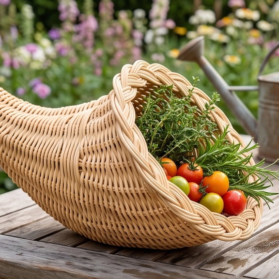 Thanksgiving Woven Wicker Cornucopia Centerpiece, Hand Woven Horn Basket with Handle, Reusable Harvest Display for Dining Table Mantel Sideboard