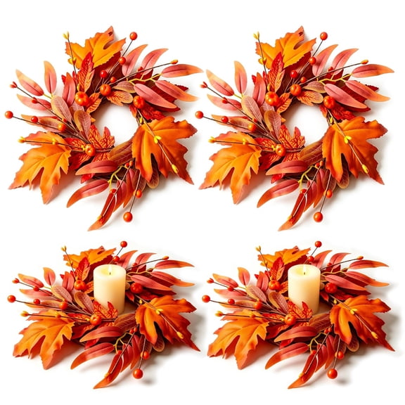 Thanksgiving Wreath, 4 Pcs Fall Cabinet Wreath Set, Mini Autumn Candle Ring Garland For Kitchen Cabinets Table Centerpieces Farmhouse Home Decor