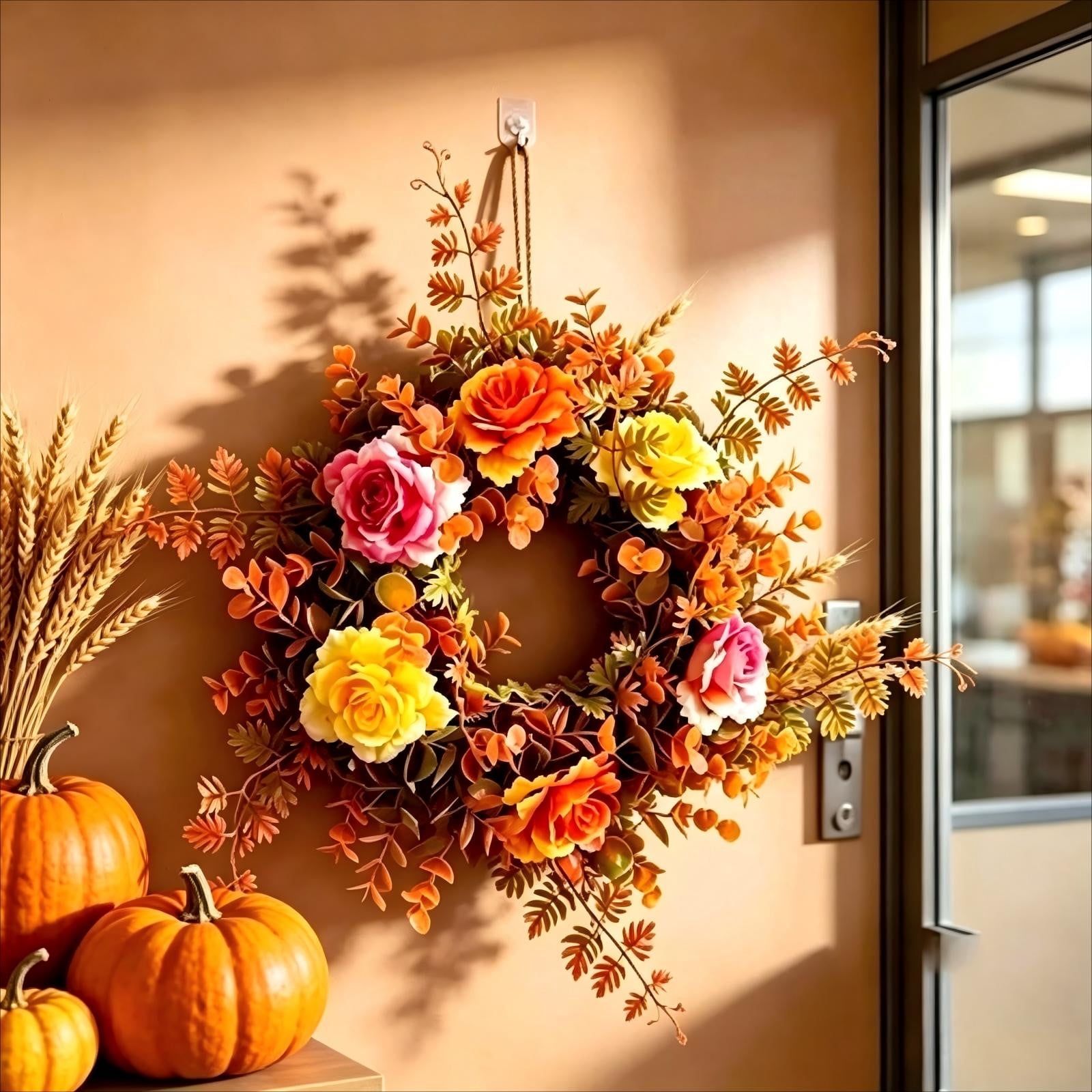 Thanksgiving Wreath with Eucalyptus and Roses Fall Door Decor for
