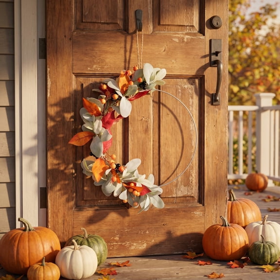 Thanksgiving Wreath,Festival Rabbits Ear Leaf Door Decoration for Front Door,Mantel,Wall,Fall,Holiday,Home Decor,15.7 in