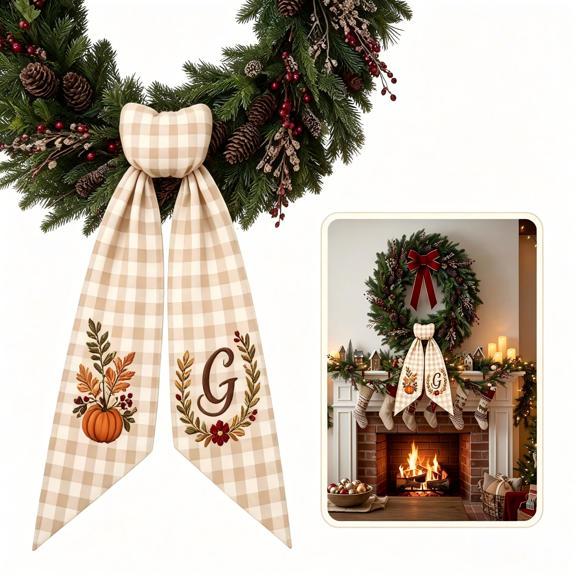 Thanksgiving Wreath Sash Pumpkin Decor with Letter G, Soft Fall Door Wreath, Pumpkins Fall Wreath Sash for Front Door