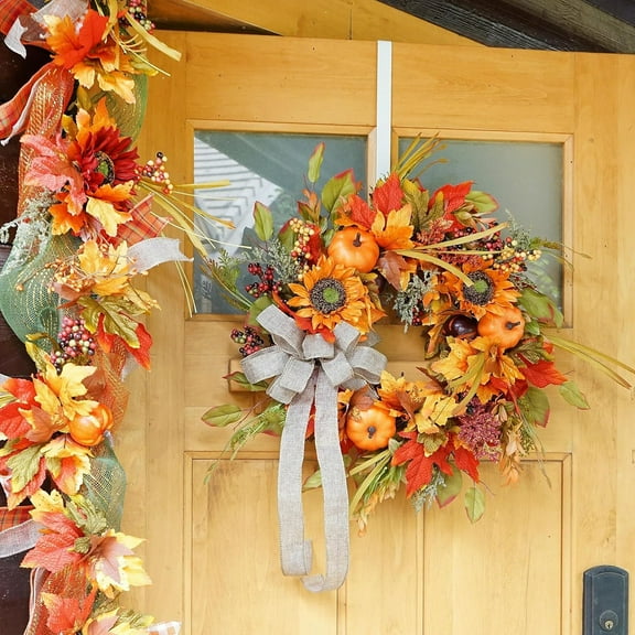 Thanksgiving Wreaths Pumpkin Sunflower Wreath With Burlap Bow Fake Floral Rustic Hanging For Front Door Cozy Fall Realistic Artificial Flowers