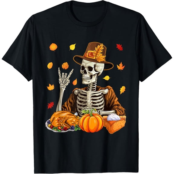 Thanksgiving X-ray Skeleton Funny Rock Hand Fall Leaves T-Shirt