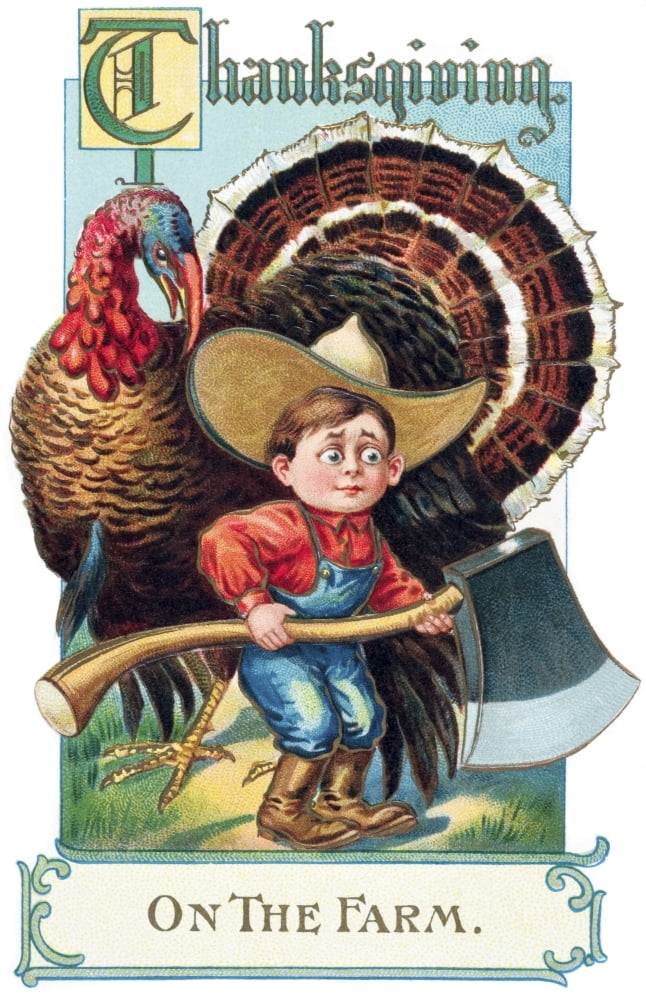 Thanksgiving greeting card with illustration of boy and turkey from 20th century Canvas Art - Remsberg Inc Design Pics (12 x 19)
