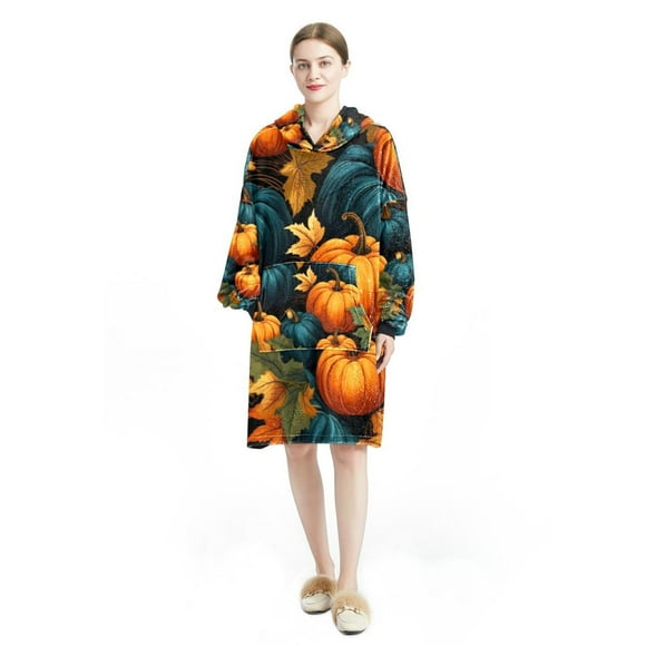 Thanksgiving pumpkins leaves Premium Microfiber Polyester Loungewear Blanket - Comfortable Shawl Wrap for Men and Women - Lightweight Snuggle Cover with Pockets