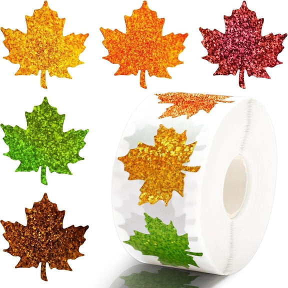 Thanksgiving stickers, Fall Sticker for Kids, 1.5inch Glitter Fall Leaf Maple Holographic Self Adhesive Label Autumn Sticker Roll for adults Cards Seal Envelopes Themed Supplies, 500Pcs