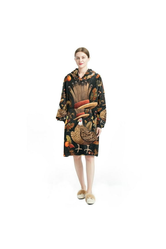 Thanksgiving turkey Cozy Microfiber Polyester Fabric Wearable Blanket Sweatshirt - Unisex Oversized Hooded Lounge Jacket for Adults - Warm and Soft Throw Wrap - Great Gift Idea for Men and Women