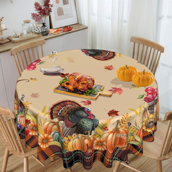 ThanksgivingRound Tablecloth 60 Inch, Thanksgiving Turkey Decorations for The Home Pumpkin Table Cloth for Round Harvest Festival, Fall Tablecloths Cover Polyester Vintage for Picnic Party Dinner