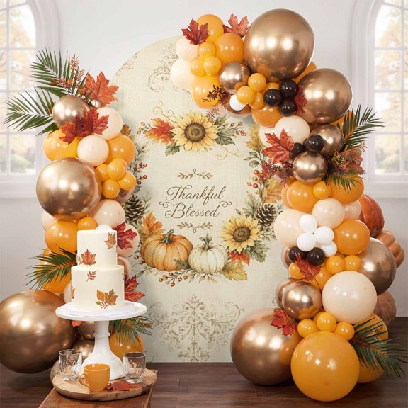 Thanksgivingl Arch Backdrop Cover 5FT, Fall Pumpkin Maple Flower Wreath Rustic Beige Spandex Fitted Stretchy Arch Stand Covers, Round Top Chiara Backdrop Cover for Wedding Party Birthday Baby Shower