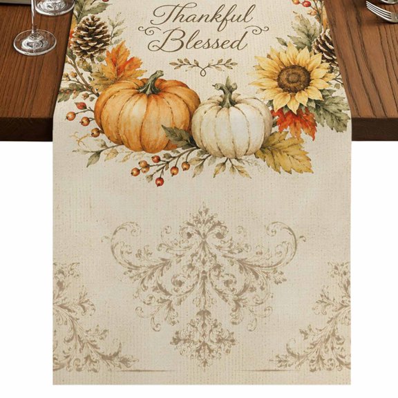 Thanksgivingl Burlap Cotton Table Runner 13x90 Inches Long, Fall Pumpkin Maple Flower Wreath Rustic Beige Farmhouse Table Runners, Outdoor Dining Table Decor for Baby Shower/Party/Wedding