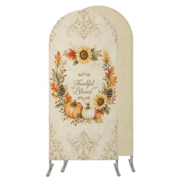Thanksgivingl Wedding Arch Cover,Stretchy Spandex Arch Backdrop Stand Covers 5 FT,Fall Pumpkin Maple Flower Wreath Rustic Beige Round Top Arched Backdrop Cover for Birthday Party Ceremony Baby Shower