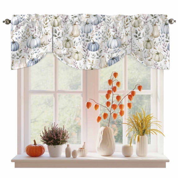 Thanskgiving Fall Tie Up Valance Curtains for Windows, Kitchen Curtains Window Treatments, Autumn Pumpkins Botanical Maple Leaf Short Window Shades Valances for Bedroom Bathroom Cafe 54"x18"