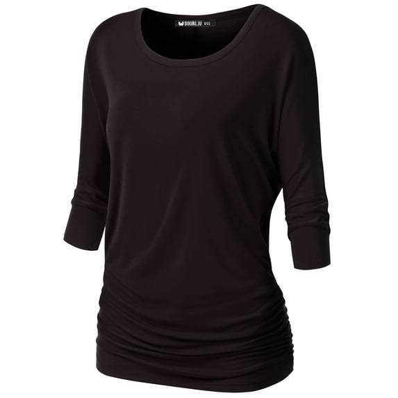 Thanth Womens Dolman Sleeves Boat Neck Solid Shirring Drape Basic Tunic Top