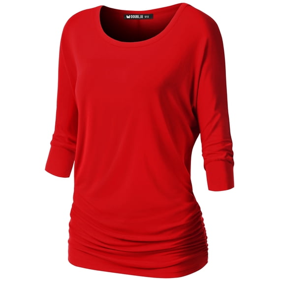 Thanth Womens Dolman Sleeves Boat Neck Solid Shirring Drape Basic Tunic Top